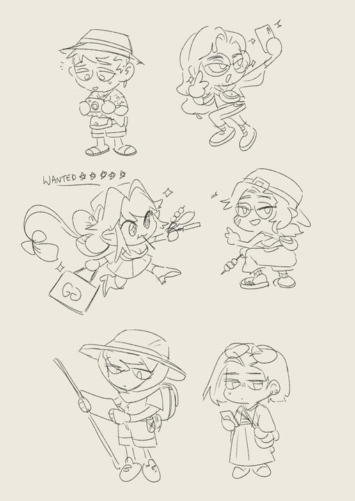 our D&amp;D party as tourists au (top to bottom, left to right: Kevin, Oberon, Merlynn, Sonmei, Avani, Hakou) (by Yotty-- https://yotation.carrd.co/)